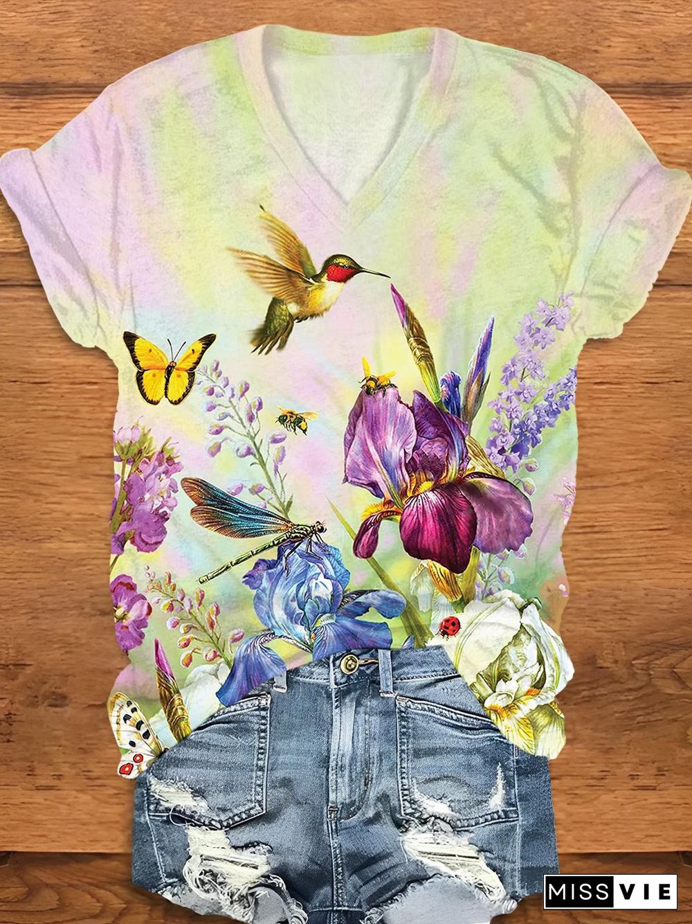 Hummingbird Butterfly Flowers V-Neck T-Shirt