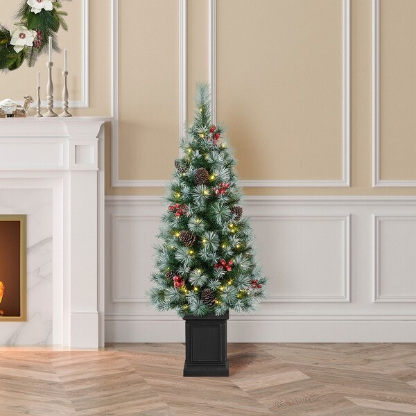 Glitzhome 4ft/5ft/6ft PreLit Pine Artificial Christmas Porch Tree with Decorative Urn Pot