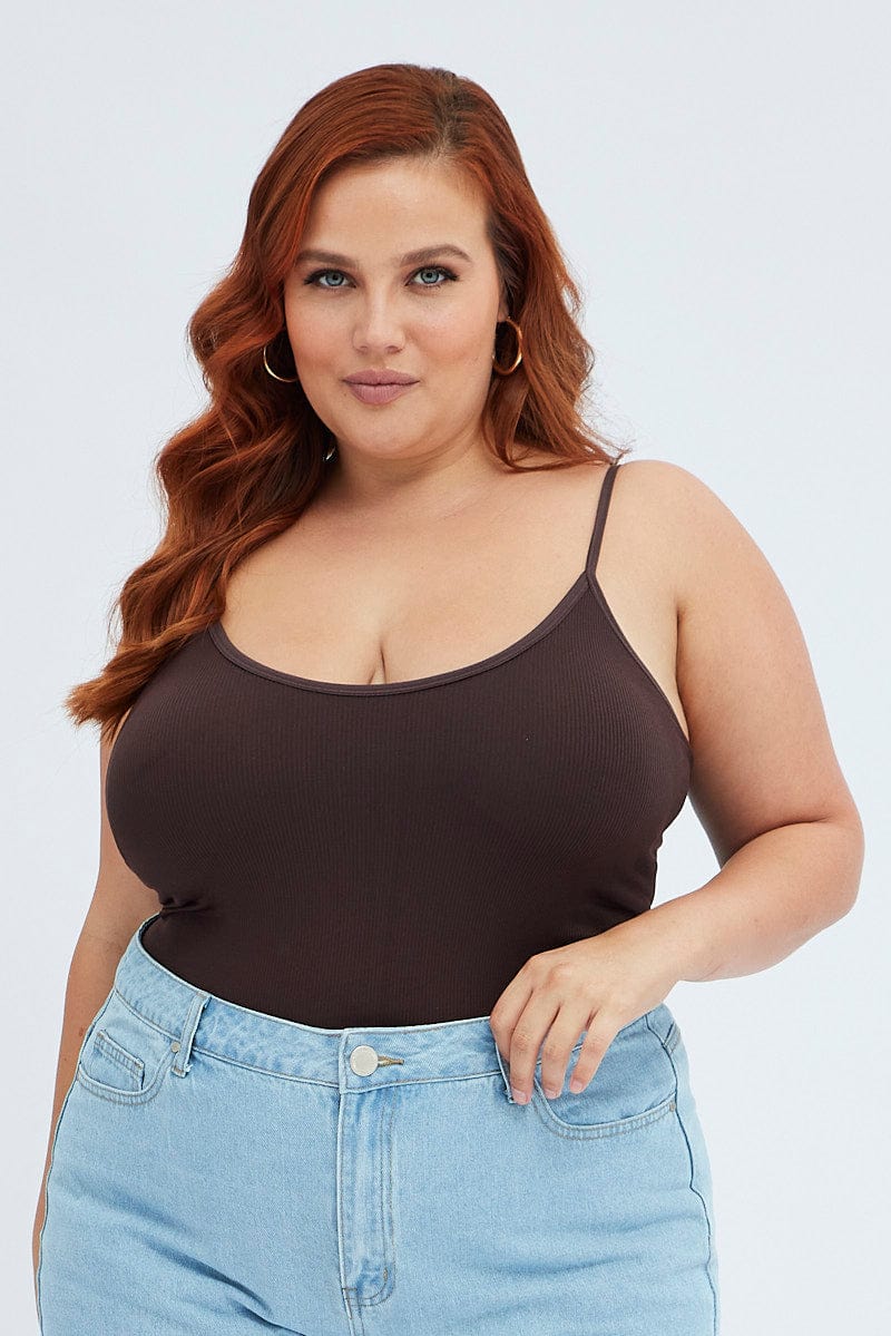 Brown Singlet Top Scoop Neck Seamless