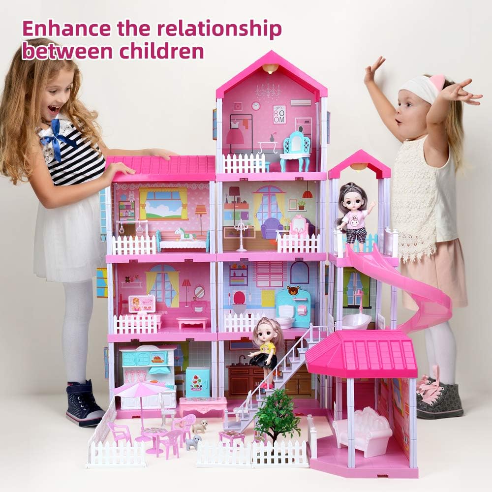 Doll House Kit，Dollhouse with Lights， Slide， Pets and Dolls， DIY Pretend Play Building Playset Toys with Asseccories and Furniture， Princess House for Toddlers， Kids Boy and Girl (11 Rooms)