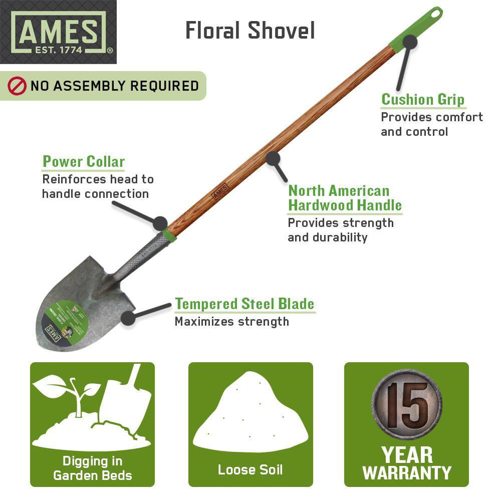 Ames 42 in. Wood Handle Steel Blade Floral Shovel 2916100