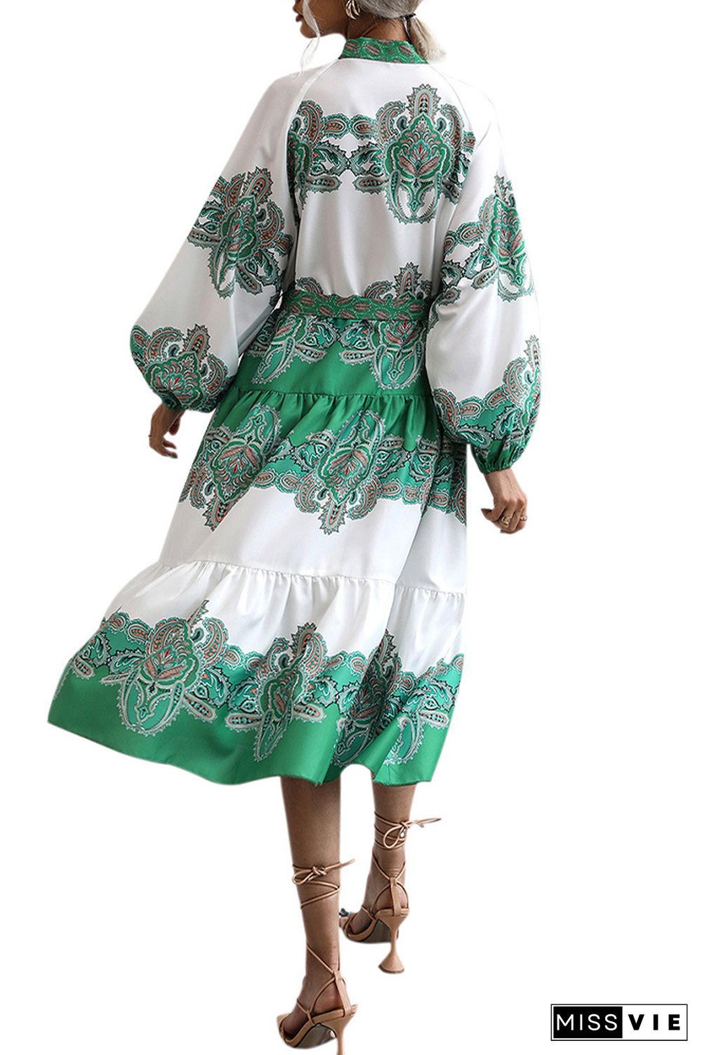 Puffy Sleeves Tiered Printed Long Sleeves Dress