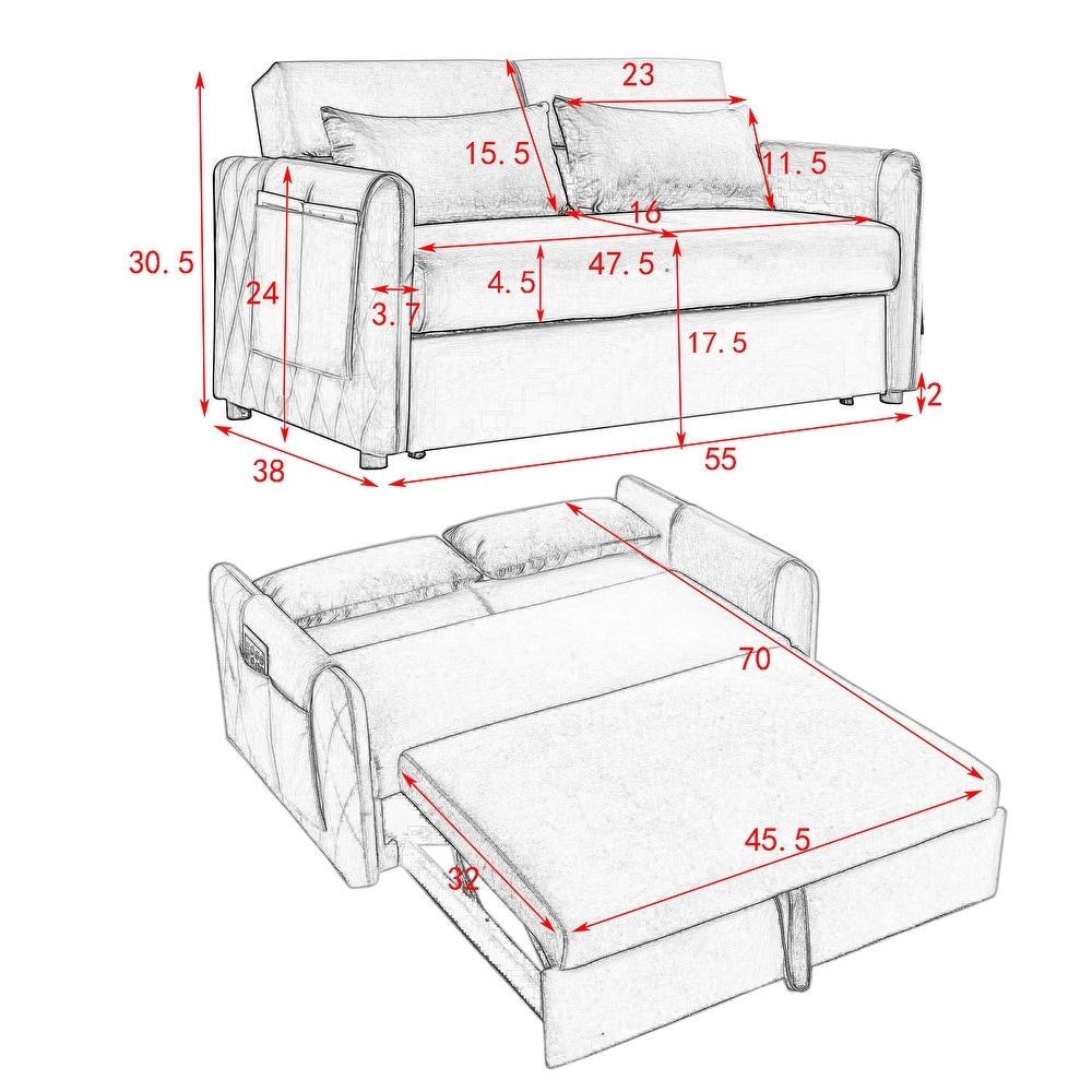 Velvet Convertible Sofa Bed with 2 Detachable Arm Pockets