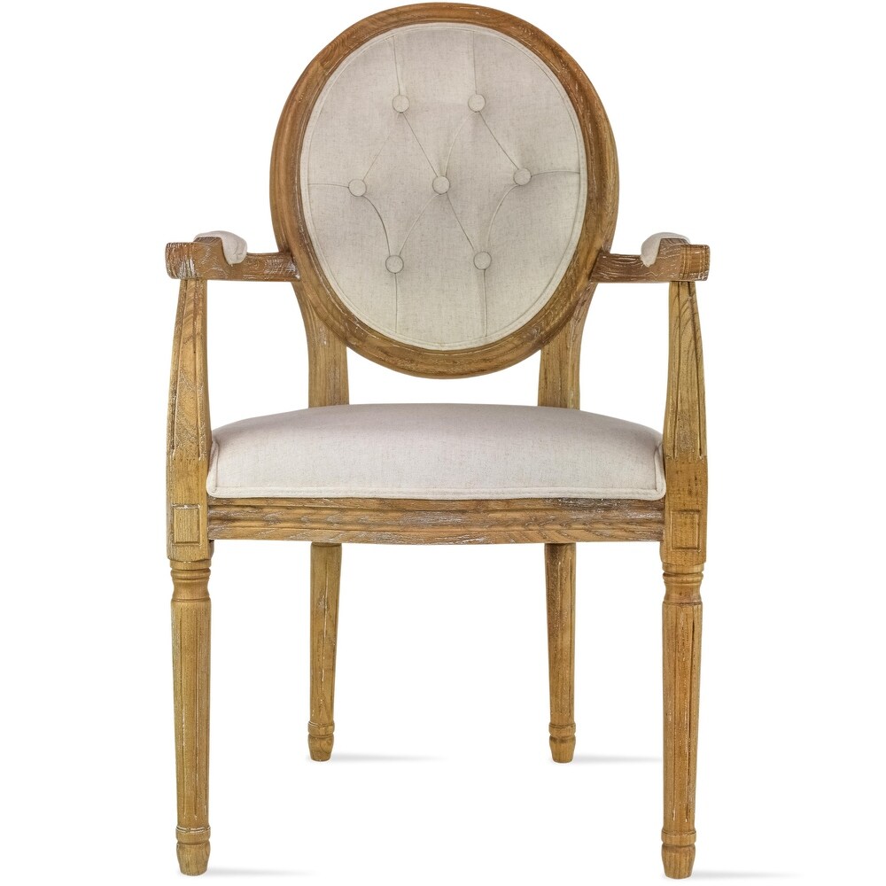 French Chic Vintage Style Dining Side Chair With Upholstered Linen Welted Fabric And Elegant Natural Rustic Wood Frame