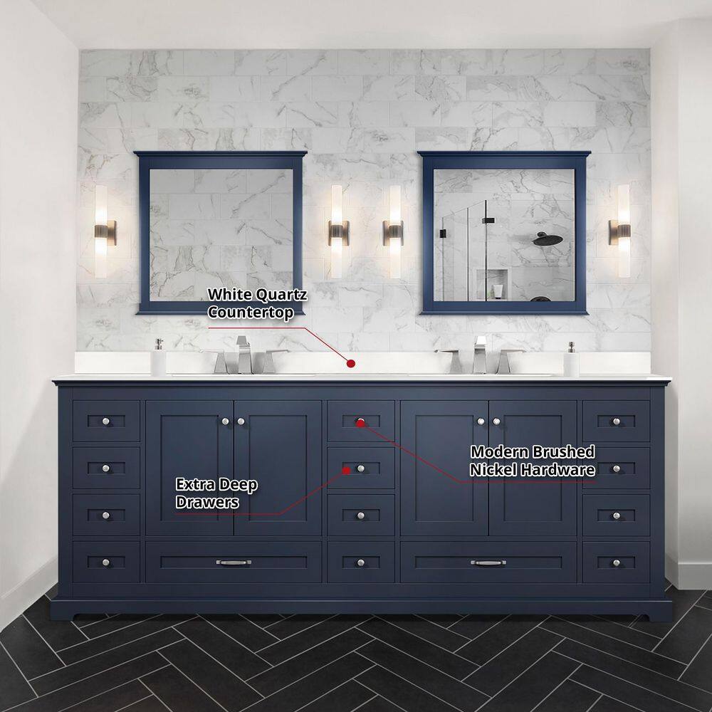 Lexora Dukes 84 in. W x 22 in. D Navy Blue Double Bath Vanity and White Quartz Top LD342284DEWQ000