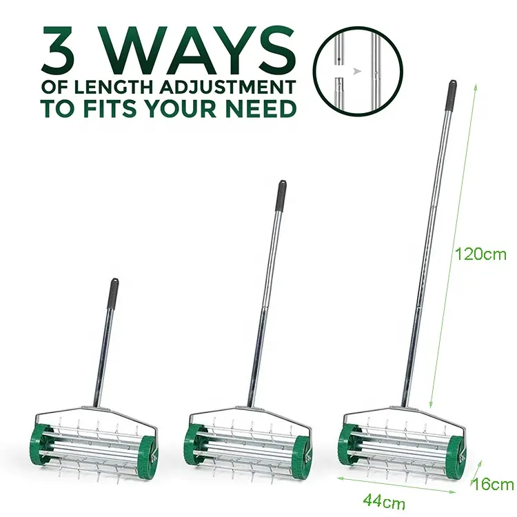 Gardening Tool Rotary Lawn Scarifier Heavy Duty Soil Roller Grass Roller Lawn Aerator Spike with 3 Level Adjustable Handles