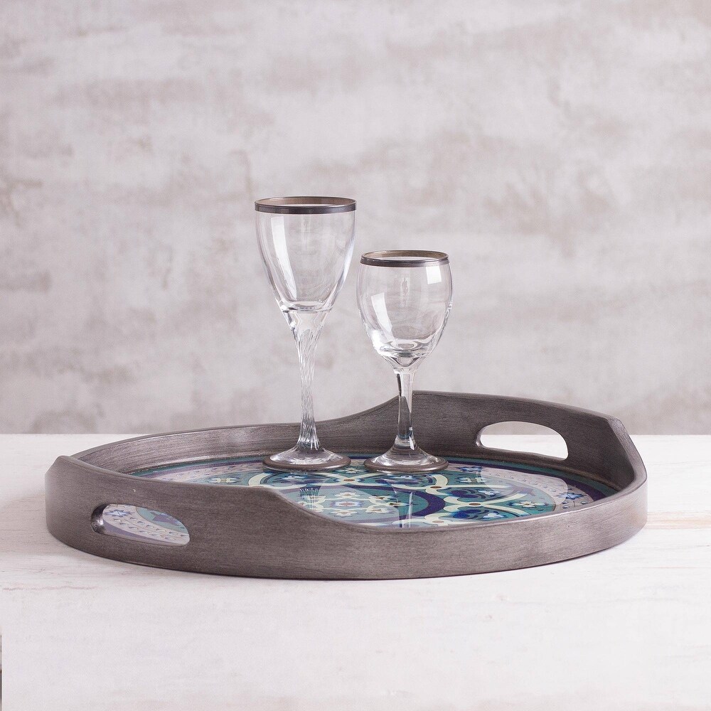NOVICA Handmade Floral Intricacy in Steel Reverse painted glass tray