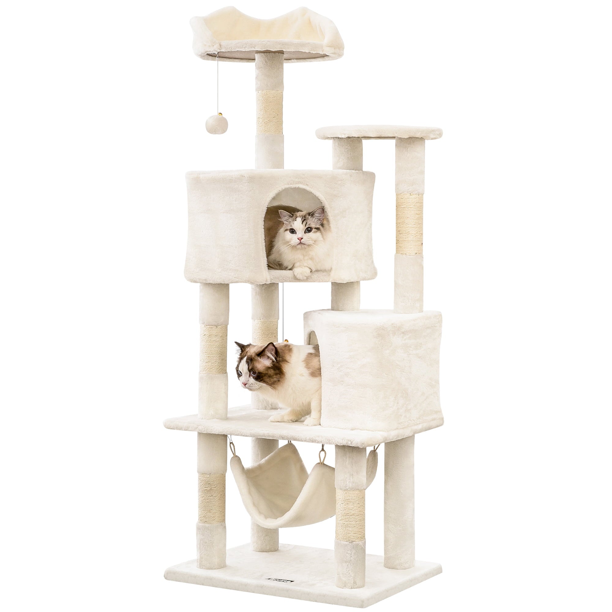 Quuzee 51.6-in Cat Tree Tower with Double Condo,Scratching Post Hammock, Beige