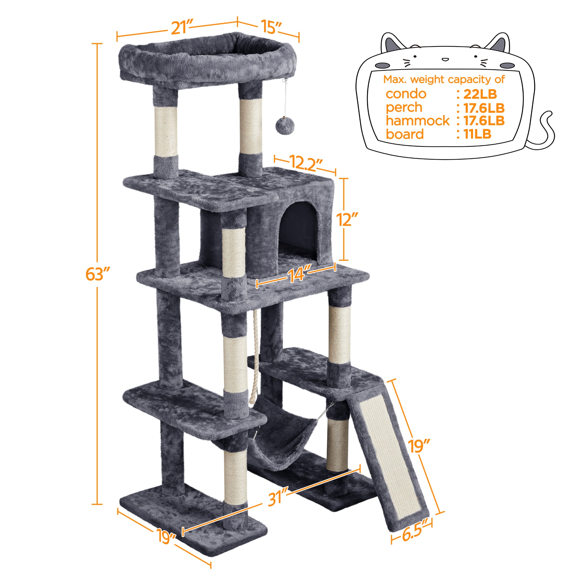 Topeakmart Dark Gray 4-Level Plush Cat Tree with Hammock for Kittens， 63