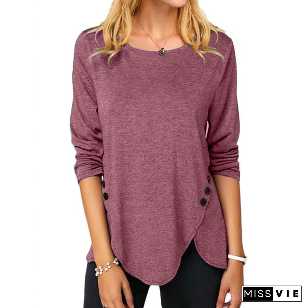 XS-8XL Fashion Clothes Autumn and Winter Tops Women's Causal Solid Color Irregular Shirts Round Neck Button Stitching Loose Blouses Ladies Plus Size Pullover Sweatshirts Long Sleeve Cotton T-shirts