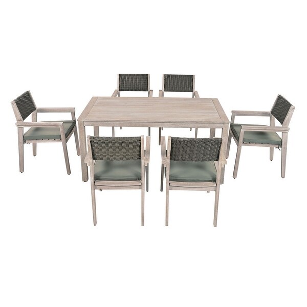 7Piece White Washed Outdoor Dining Set，with Rattan Backrest and Removable Cushions