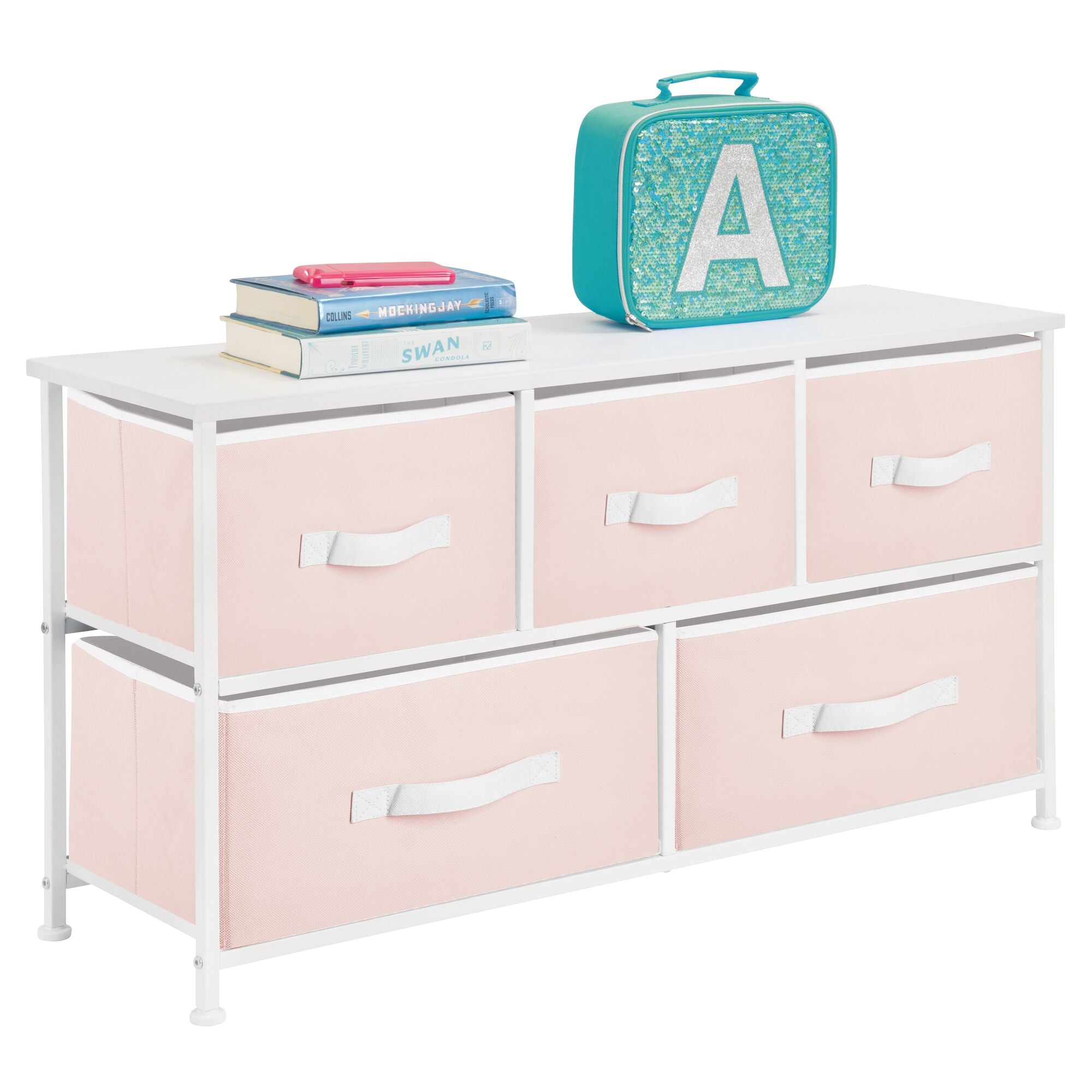 mDesign Wide Steel Frame/Wood Top Storage Dresser Furniture with 5 Fabric Drawers, Large Bureau Organizer for Baby, Kid, and Teen Bedroom, Nursery, Playroom, Dorm - Jane Collection, Pink/White