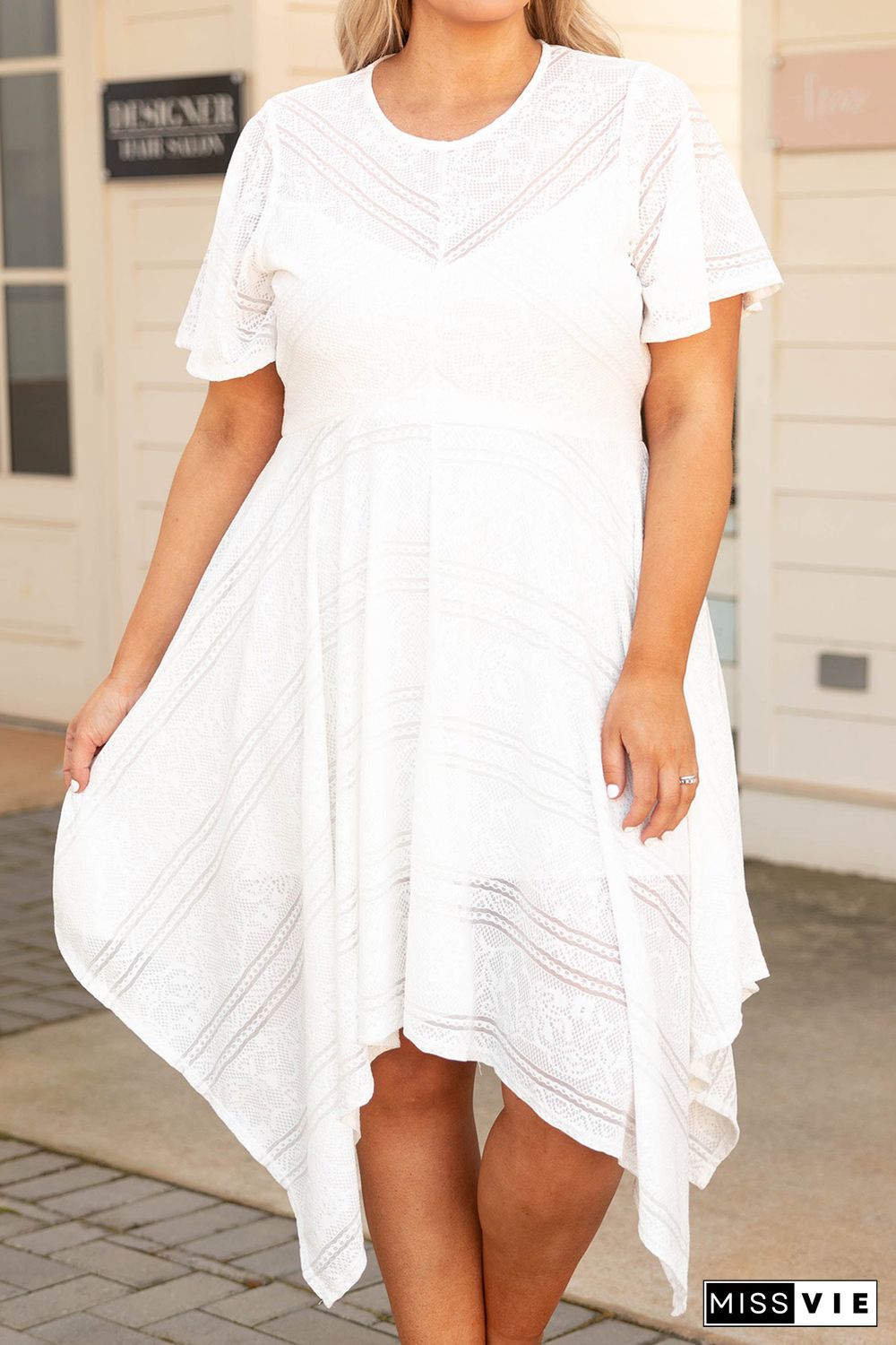 White Plus Size Lace Striped Texture Handkerchief Hem Dress