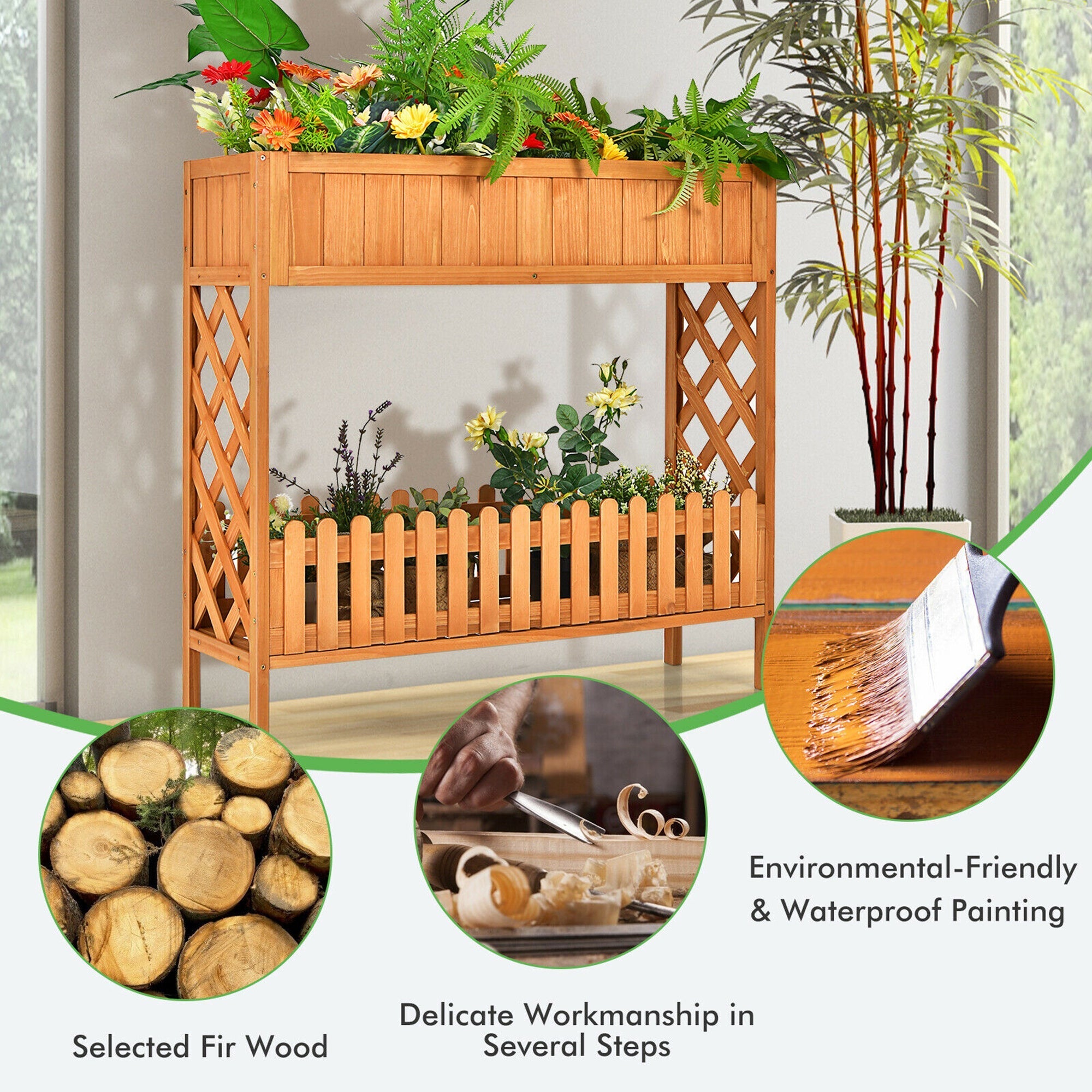 2-Tier Raised Garden Bed Elevated Wood Planter Box for Vegetable Flower Herb