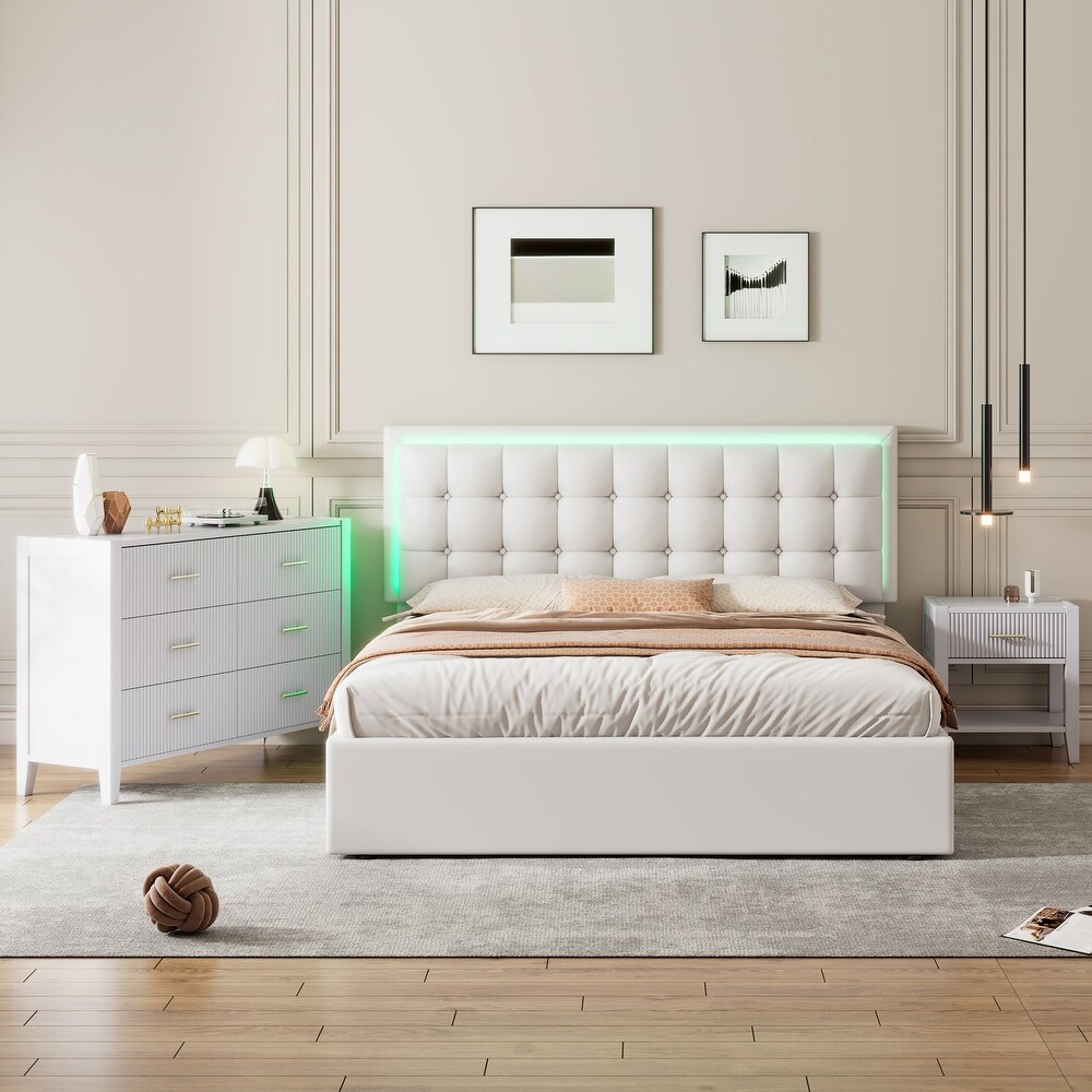 Queen Size PU Upholstered Platform Bed with Nightstand and Dresser