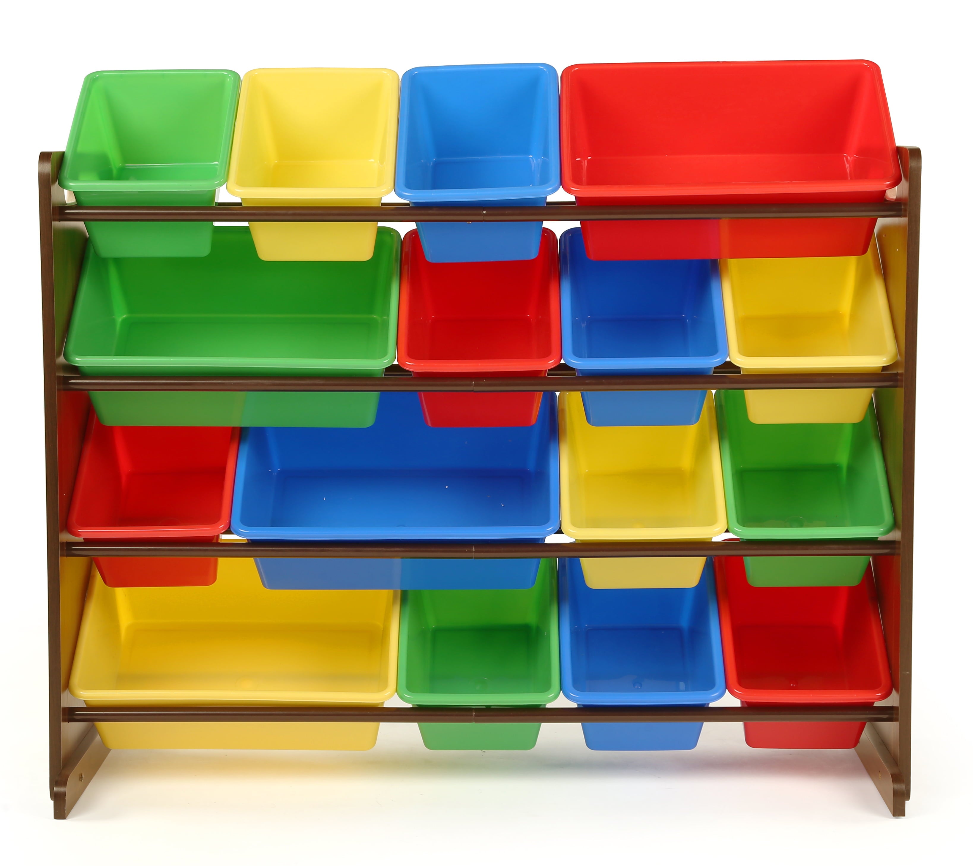 Humble Crew Dark Walnut Kids Toy Storage Organizer with 16 Multi Colored Plastic Storage Bins