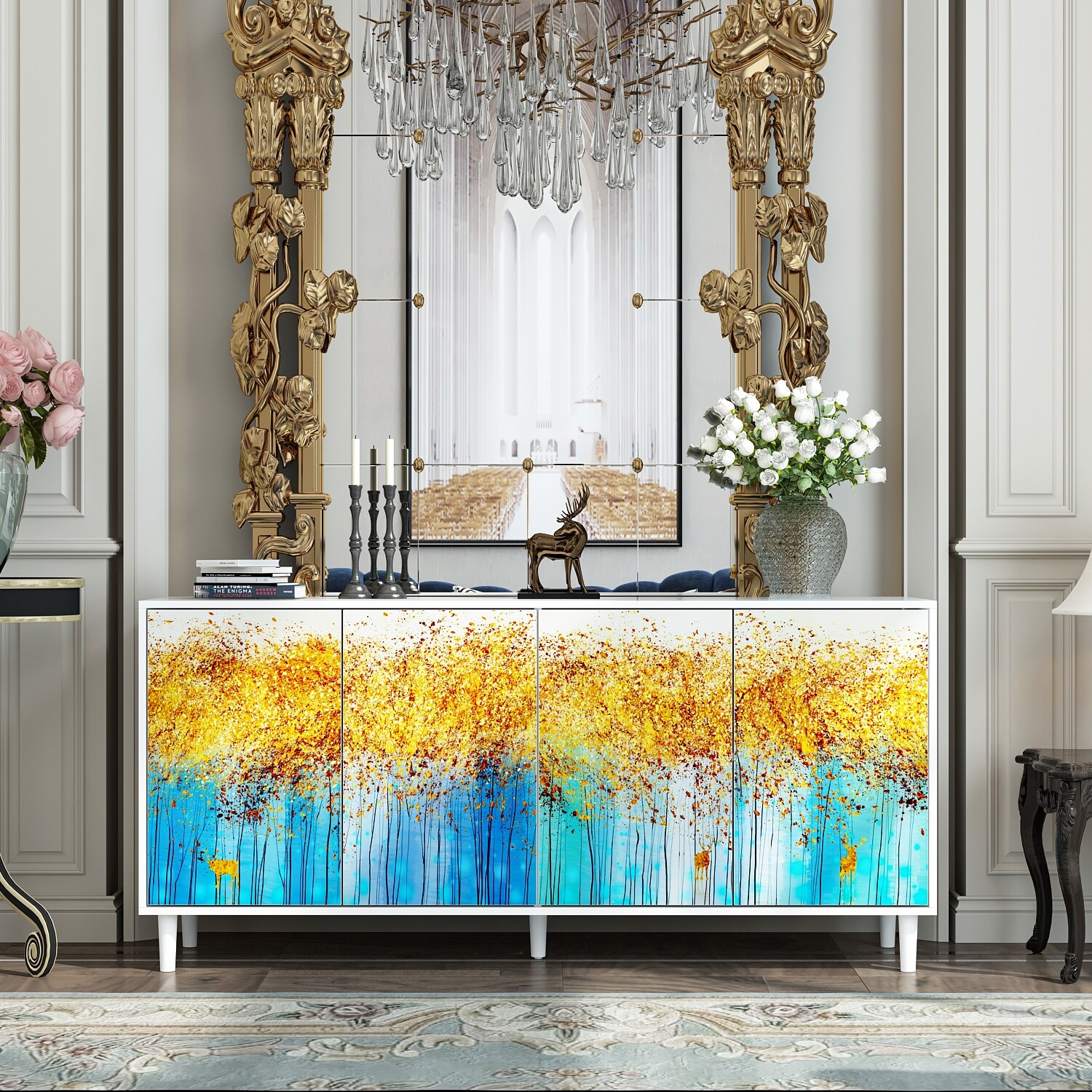 Sideboard Paint Cabinet Console Table Accent Cabinet Landscape Forest