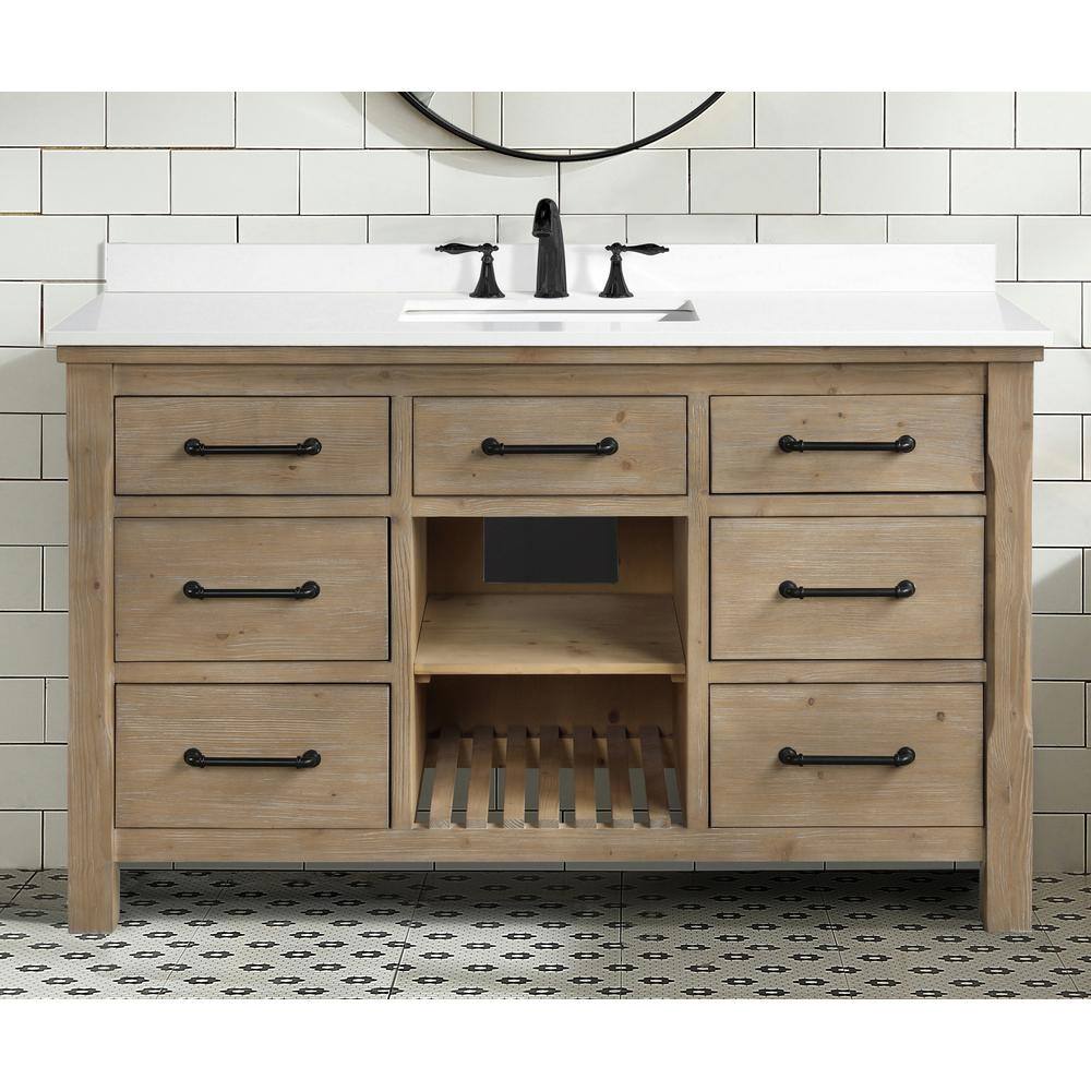 Ari Kitchen and Bath Lauren 55 in. x 22 in. D x 34.5 in. H Bath Vanity in Weathered Fir with White Engineered Stone Top with White Basin AKB-LAUREN-55-WEATHFIR-WHTTOP