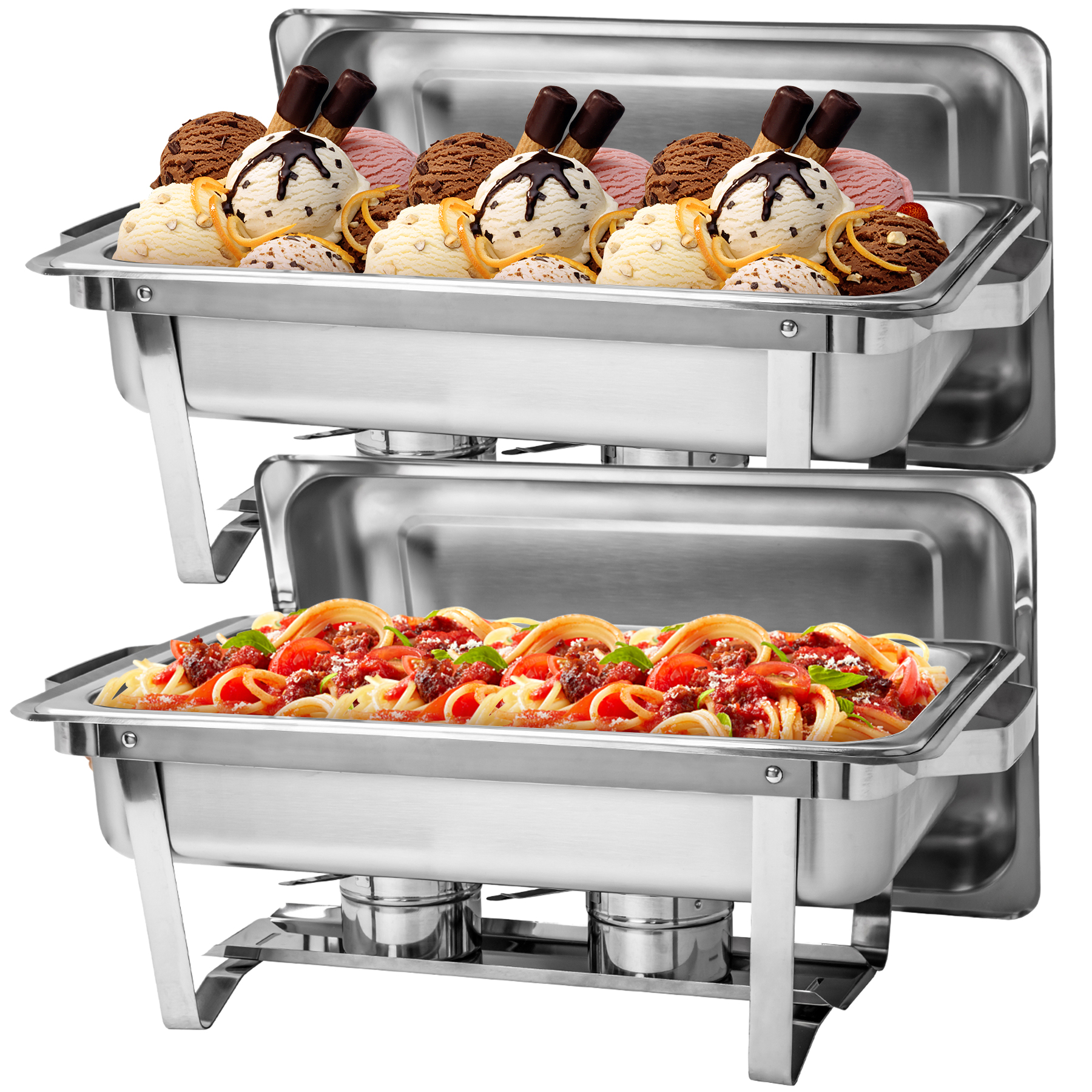 Queenmail 2 Packs Upgraded Folding 8 Qt/9L Stainless Steel Rectangular Chafing Dishes Sets with Alcohol Furnace for Catering Buffet Set， Silver