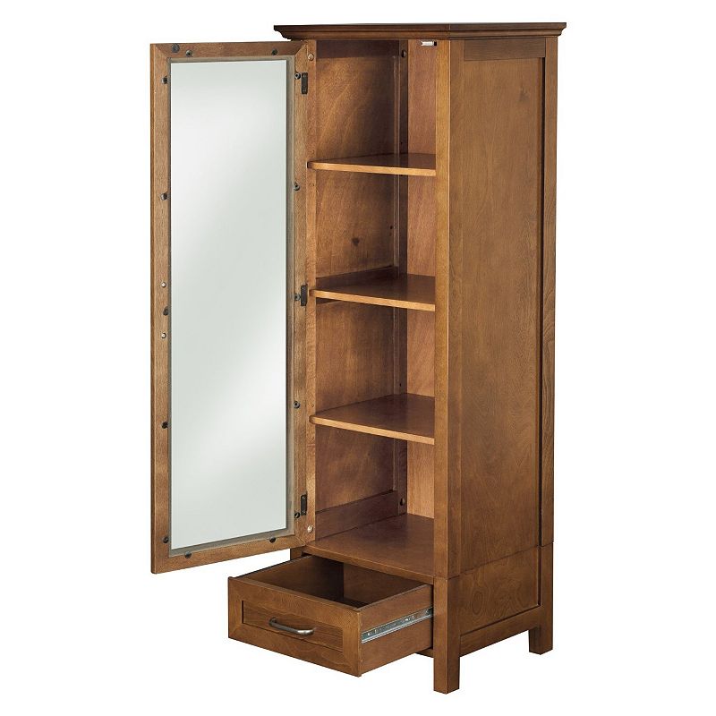 Oak Finish Linen Tower Glass Door Bathroom Storage Cabinet W/ Drawer