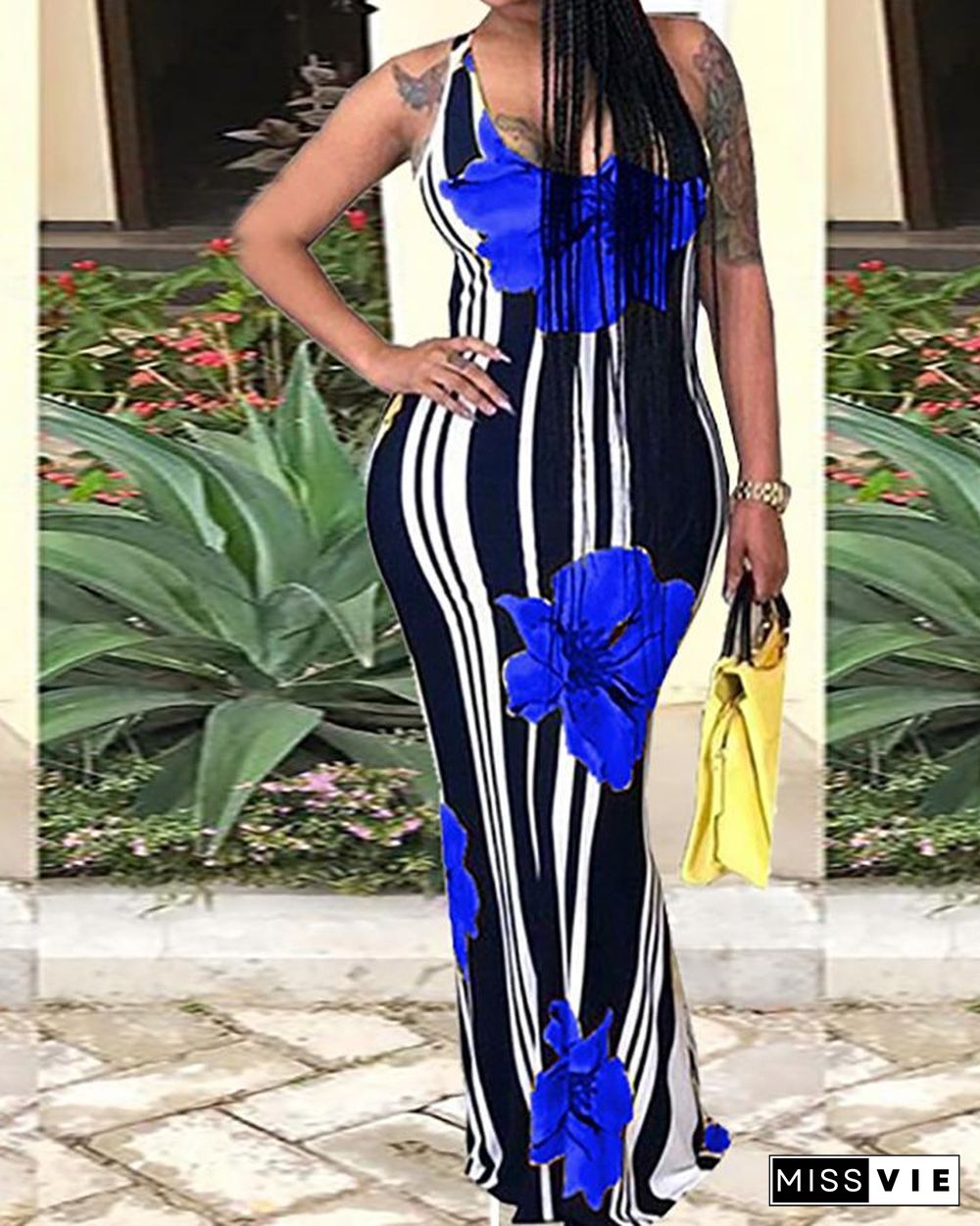 Sexy Floral Print Striped Bodycon Maxi Dress