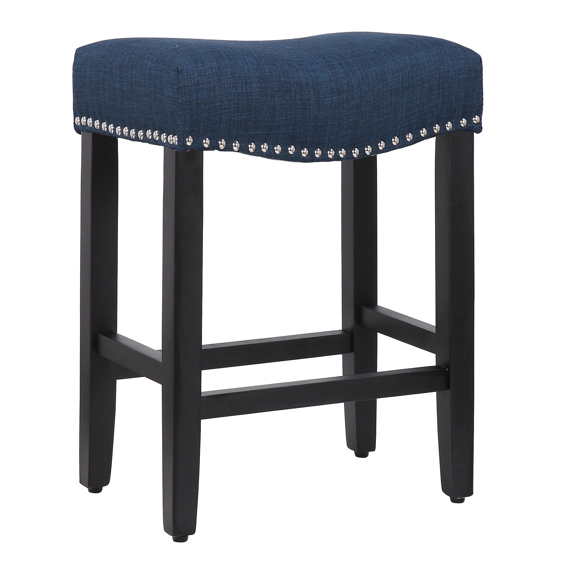 WestinTrends 24 Inch Counter Height Stools for Kitchen Counter， Modern Farmhouse Wooden Saddle Stool Chair， Linen Upholstered Cushion with Solid Wood Leg Dining Room Home Bar Decor， Navy Blue