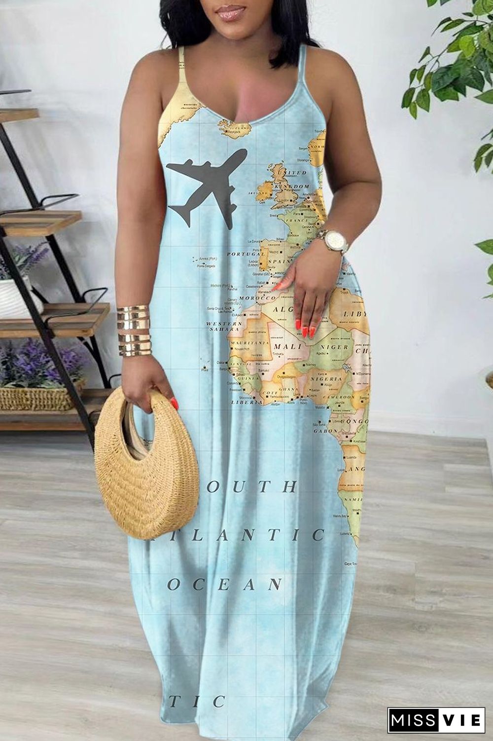 Earth Yellow Sexy Casual Print Backless Spaghetti Strap Long Dress Dresses