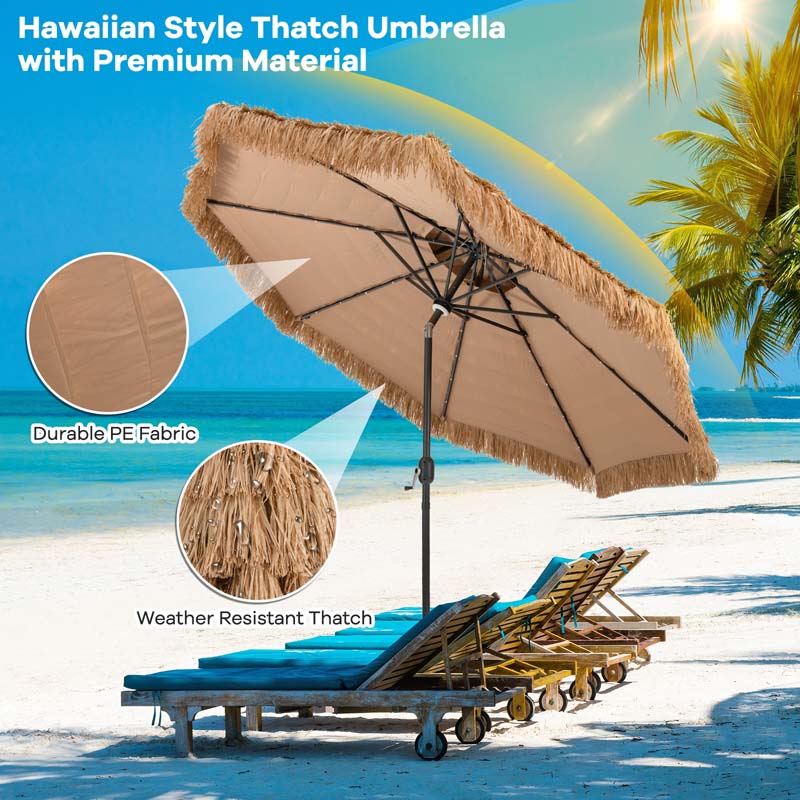 10 FT Thatched Tiki Patio Umbrella with 32 LED Solar Lights, 2 Tier Hawaiian Style Grass Beach Umbrella