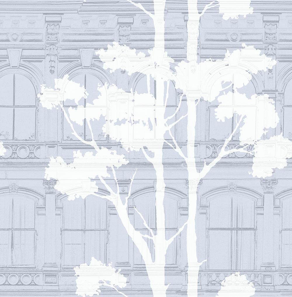 Architecture with Tree Shadow Wallpaper in Blue, Grey, and Cream from the Transition Collection