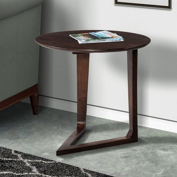 Mango Wood Round Side Table with and Cantilever Base， Brown