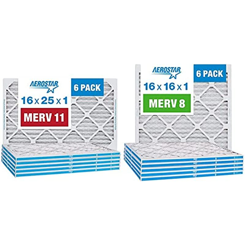 Aerostar 16x25x1 MERV 11 Pleated Air Filter， 6 Pack (Actual Size: 15 3/4 x 24 3/4 x 3/4 ) and Aerostar 16x16x1 MERV 8 Pleated Air Filter， 6 Pack (Actual Size: 15 3/4 x15 3/4 x3/4 )