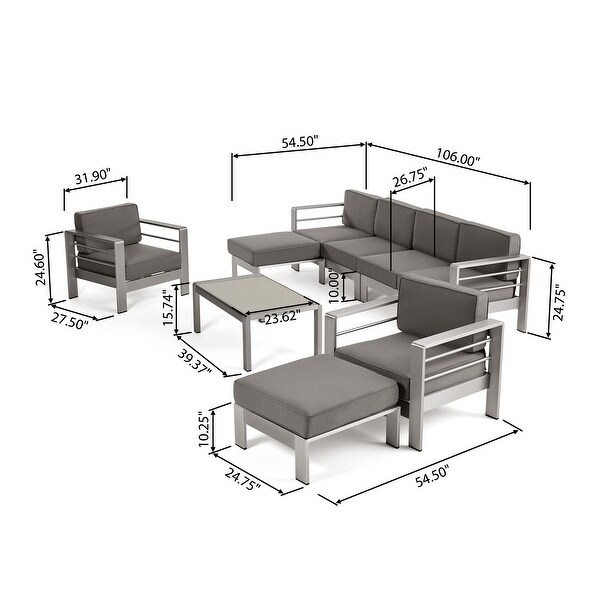 Cape Coral Outdoor 6Seater Aluminum Sectional Sofa Set with Ottomans and Coffee Table by Christopher Knight Home