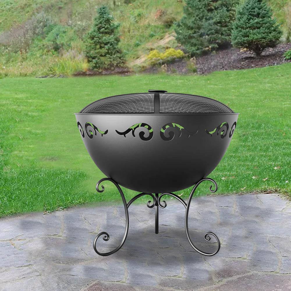 Cesicia 23 in. Outdoor Wood Black Burning Fire Bowl with Fire Poker and Waterproof Cover PF03BOWLwy