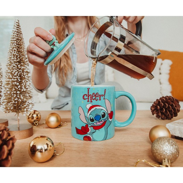 Silver Buffalo Disney Lilo amp Stitch Holiday Cheer Ceramic Mug With Lid Holds 18 Ounces