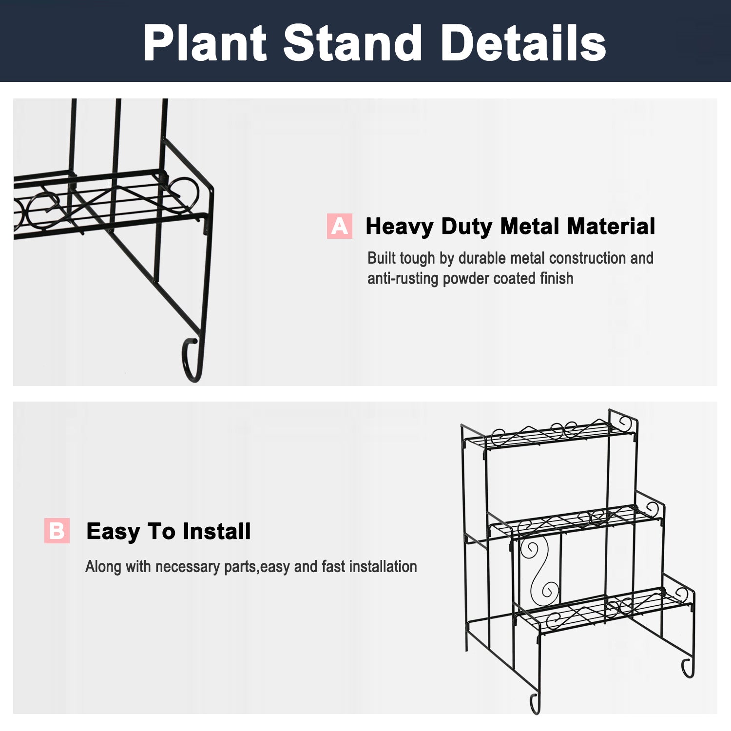 Cerbior 3-Layer Foldable Metal Plant Stand Black Rectangle Flower Pot Rack Holder