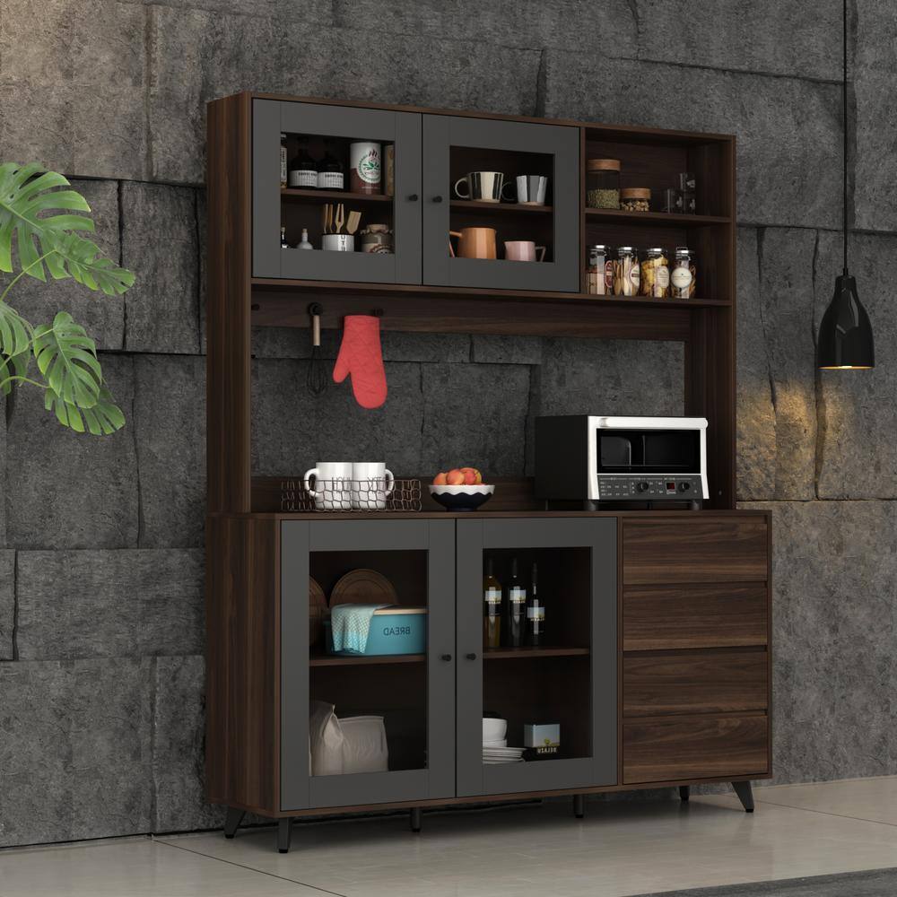 FUFUGAGA Glass Doors Brown Large Pantry Kitchen Cabinet Buffet With Hutch 4-Drawers Hooks 74.8 in. H x 63 in. W x 15.7 in. D KF210128-023-c