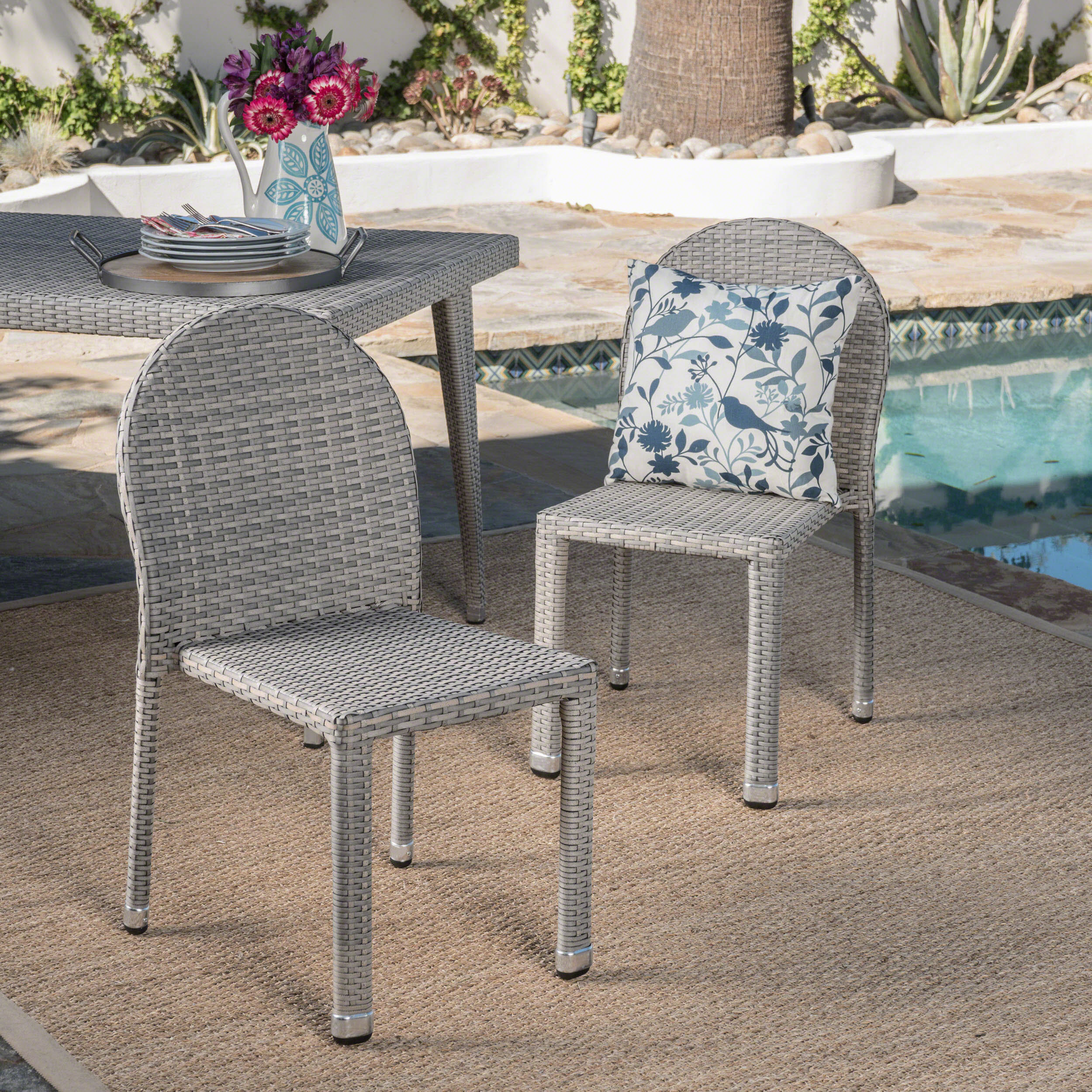 Ava Outdoor Aluminum Frame Wicker Stackable Dining Chairs - Set of 2