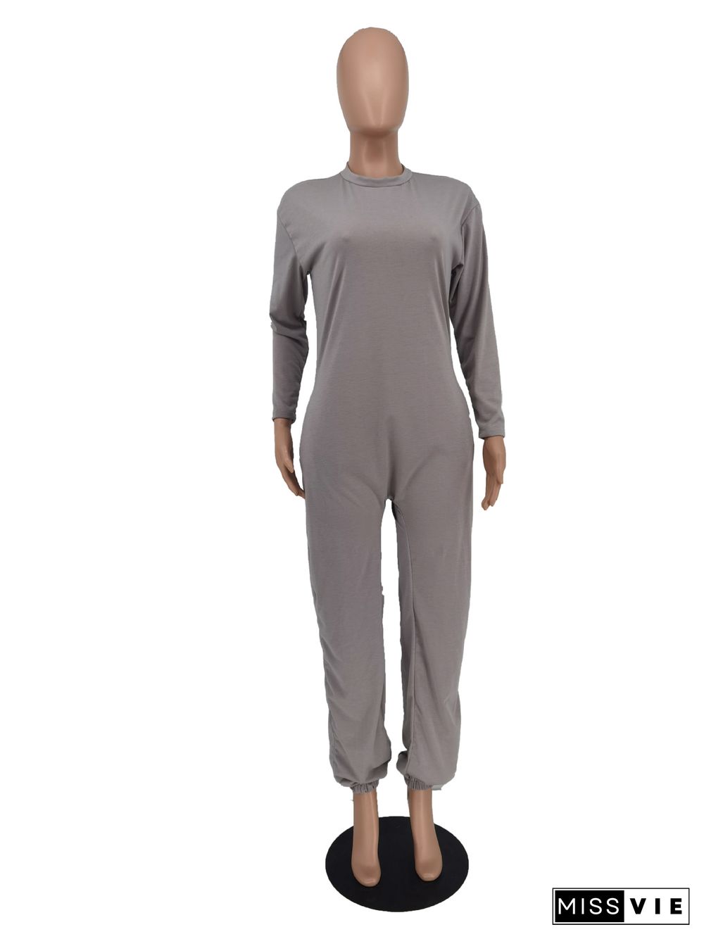 Solid Long Sleeve O Neck Loose Fit Jumpsuit