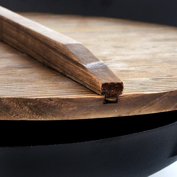 14 Inch Cast Iron Wok with Wood Lid