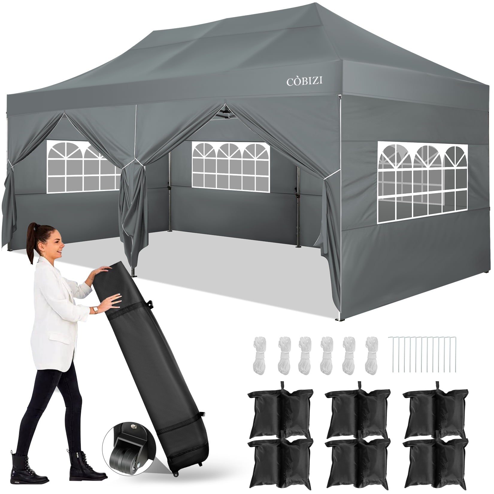 10'x20' Pop Up Canopy Waterproof Folding Tent Outdoor Easy Set-up Instant Tent Heavy Duty Commercial Wedding Party Shelter with 6 Removable Sidewalls, 6 Sandbags, Roller Bag, Gray