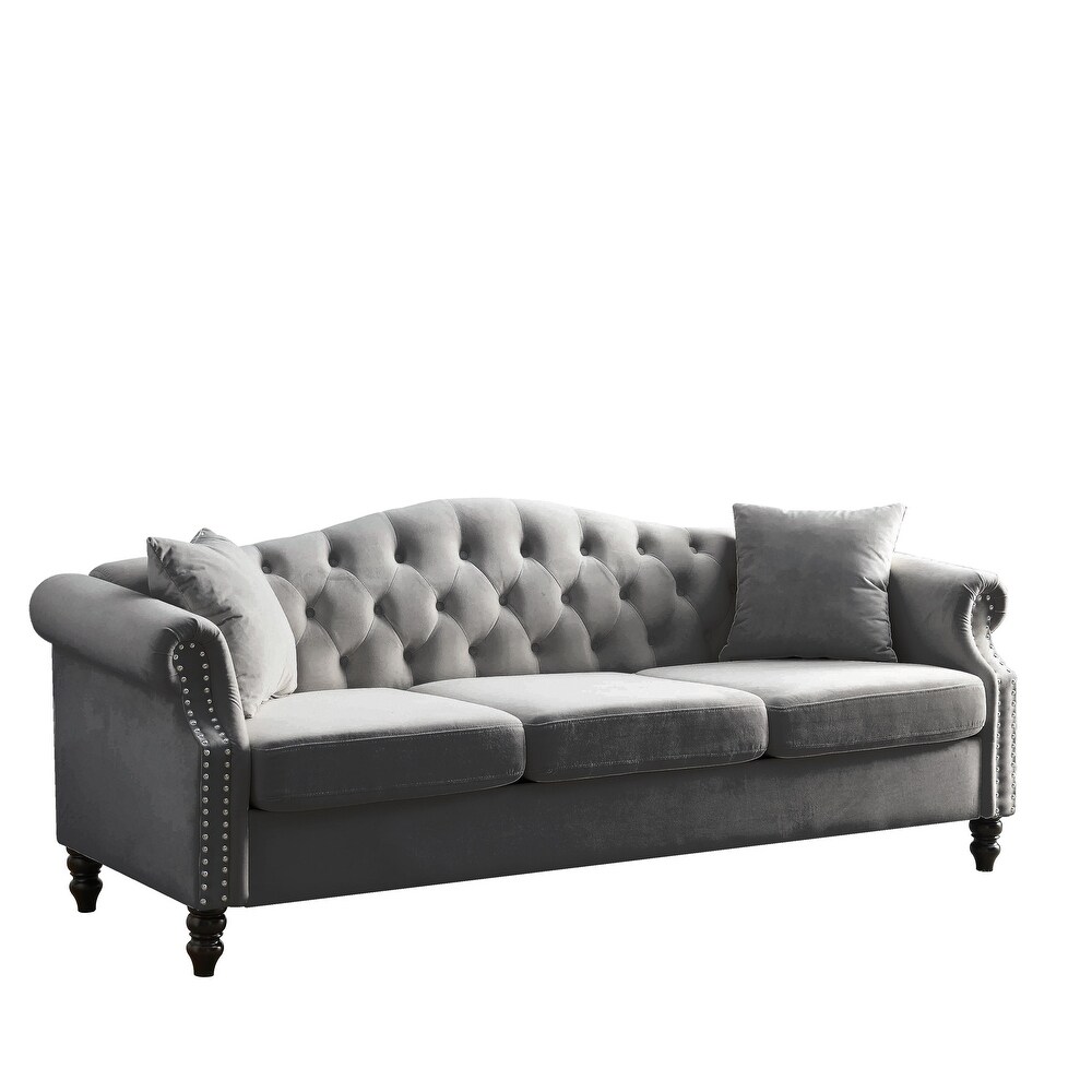 Velvet Upholstered Chesterfield Sofa Set w/Nailhead Tufted Back Sectional Sofa Set w/Flared Arms for Livingroom