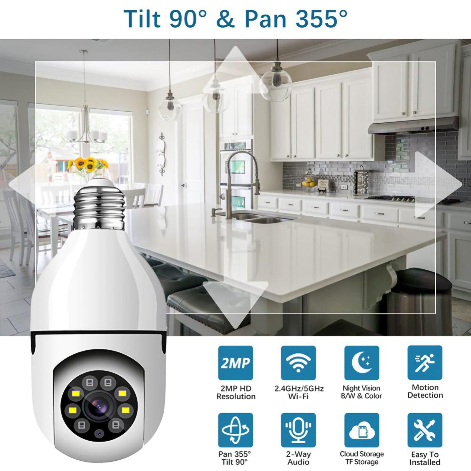 1080P Light Bulb Camera， 5GHz WiFi Wireless Security Camera， 360° Surveillance Camera with Infrared Night Vision， Screw In E27 Bulb Light Socket Camera