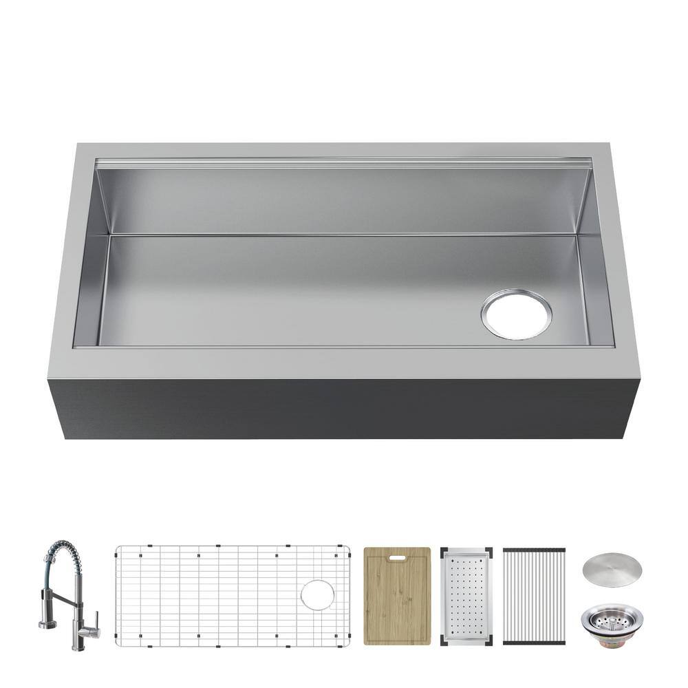 Glacier Bay Zero Radius FarmhouseApron-Front 16G Stainless Steel 36 in. Single Bowl Workstation Kitchen Sink with Accessories FSU1ZAS3621A1AC