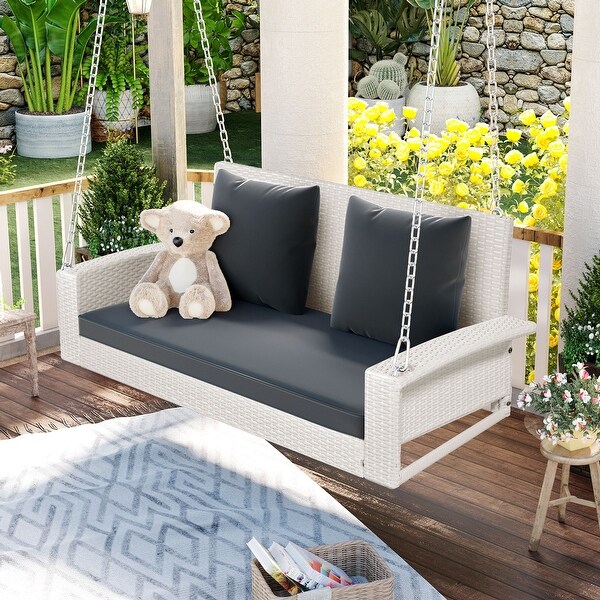 2Person Wicker Porch Swing，Modern Rocking Porch Swing with Chains Cushion Pillow Bench for Garden Backyard