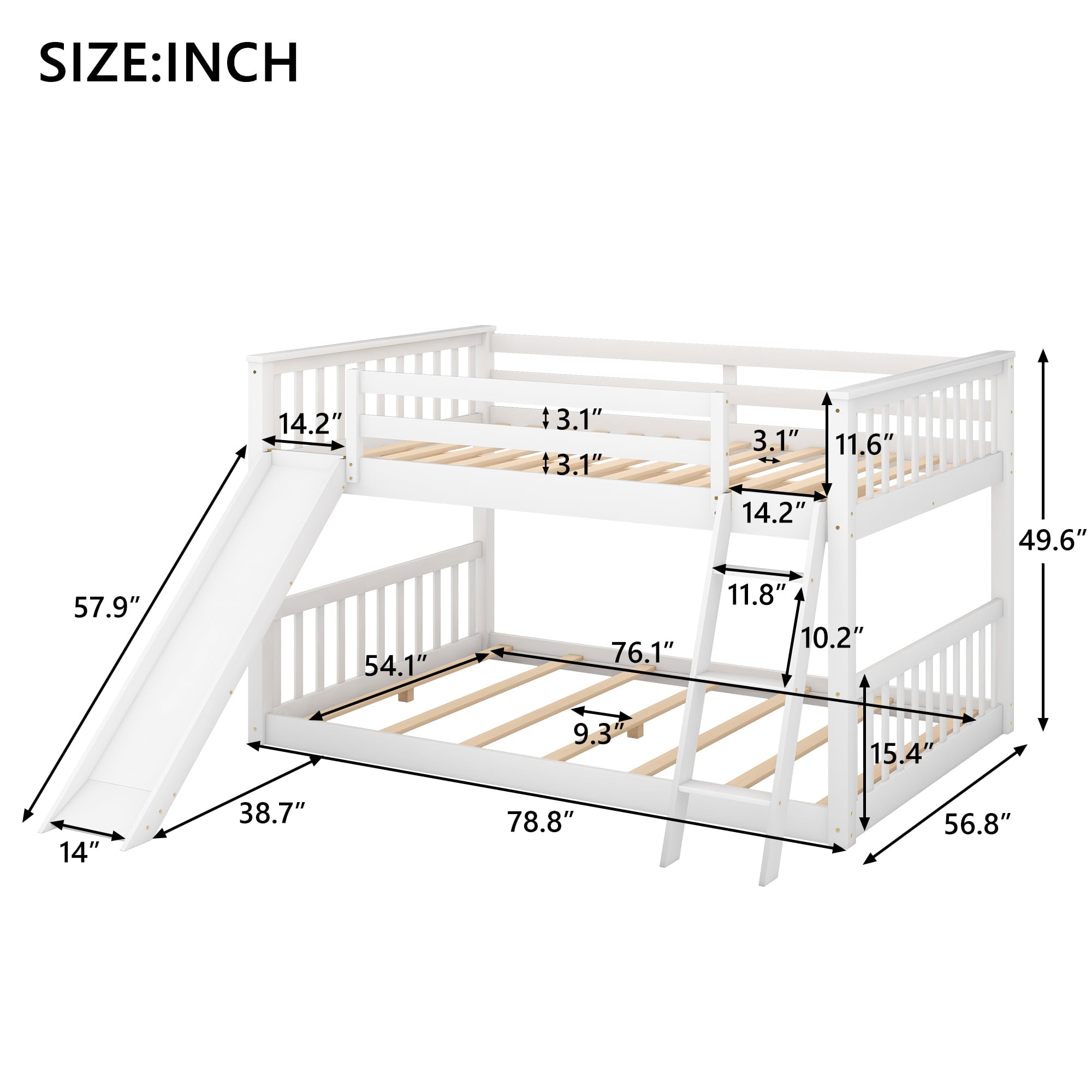 Euroco Full over Full Floor Bunk Bed with Slide and Ladder for Kids Bedroom, White