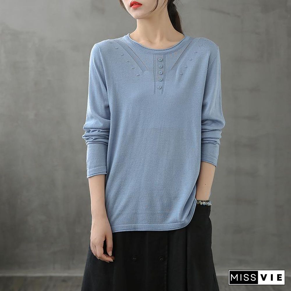 Women o neck long sleeve fall shirts pattern blue blouse