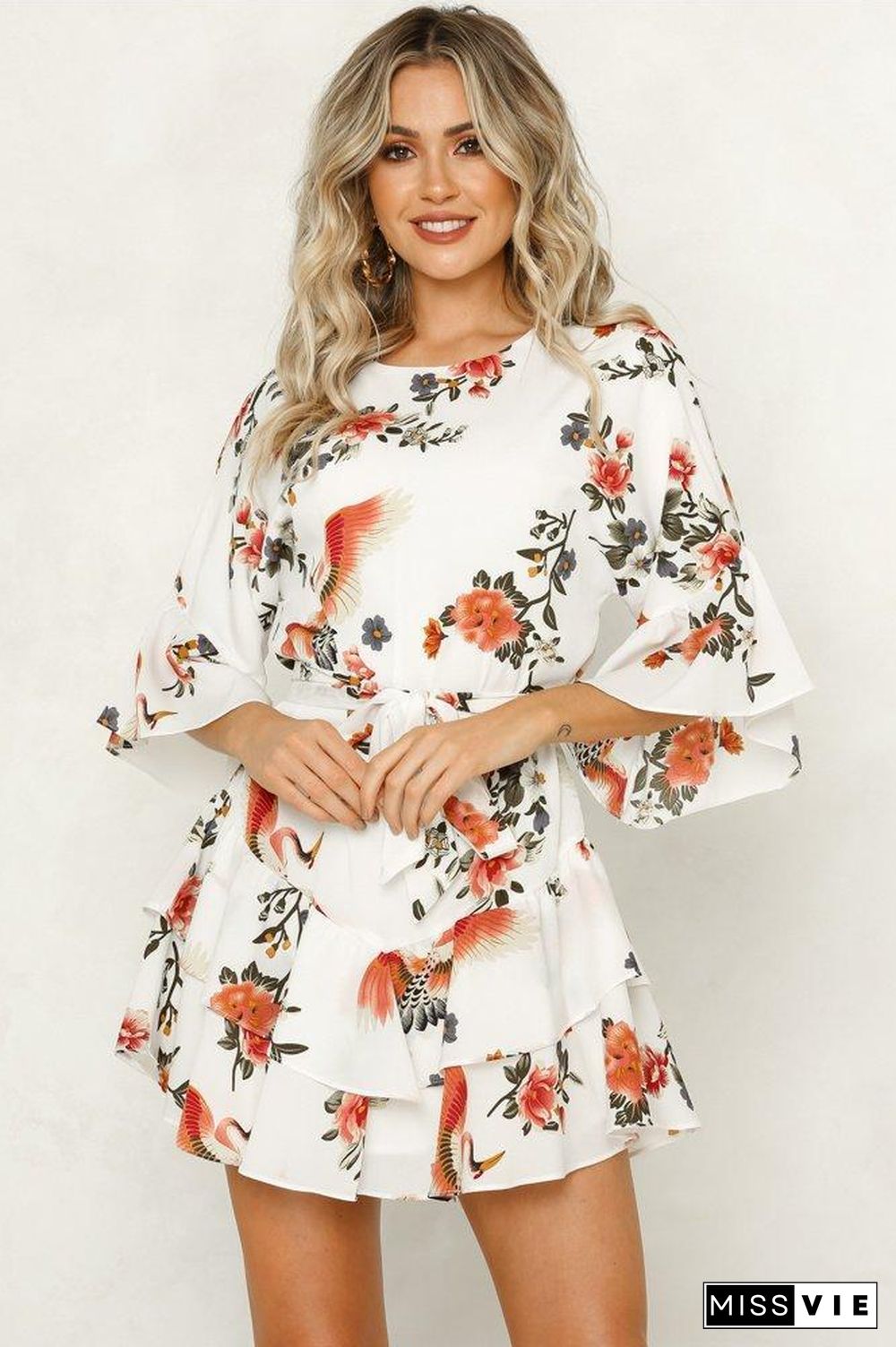 White 3/4 Length Sleeve Floral Pleated Hem Mini Dress