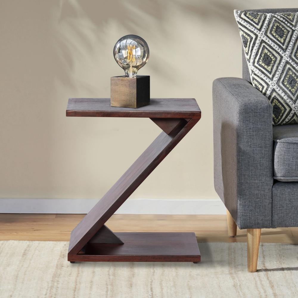 Mango Wood Side Table with Z Shaped Design， Dark Oak Brown - 21 L X 16 W X 24 H