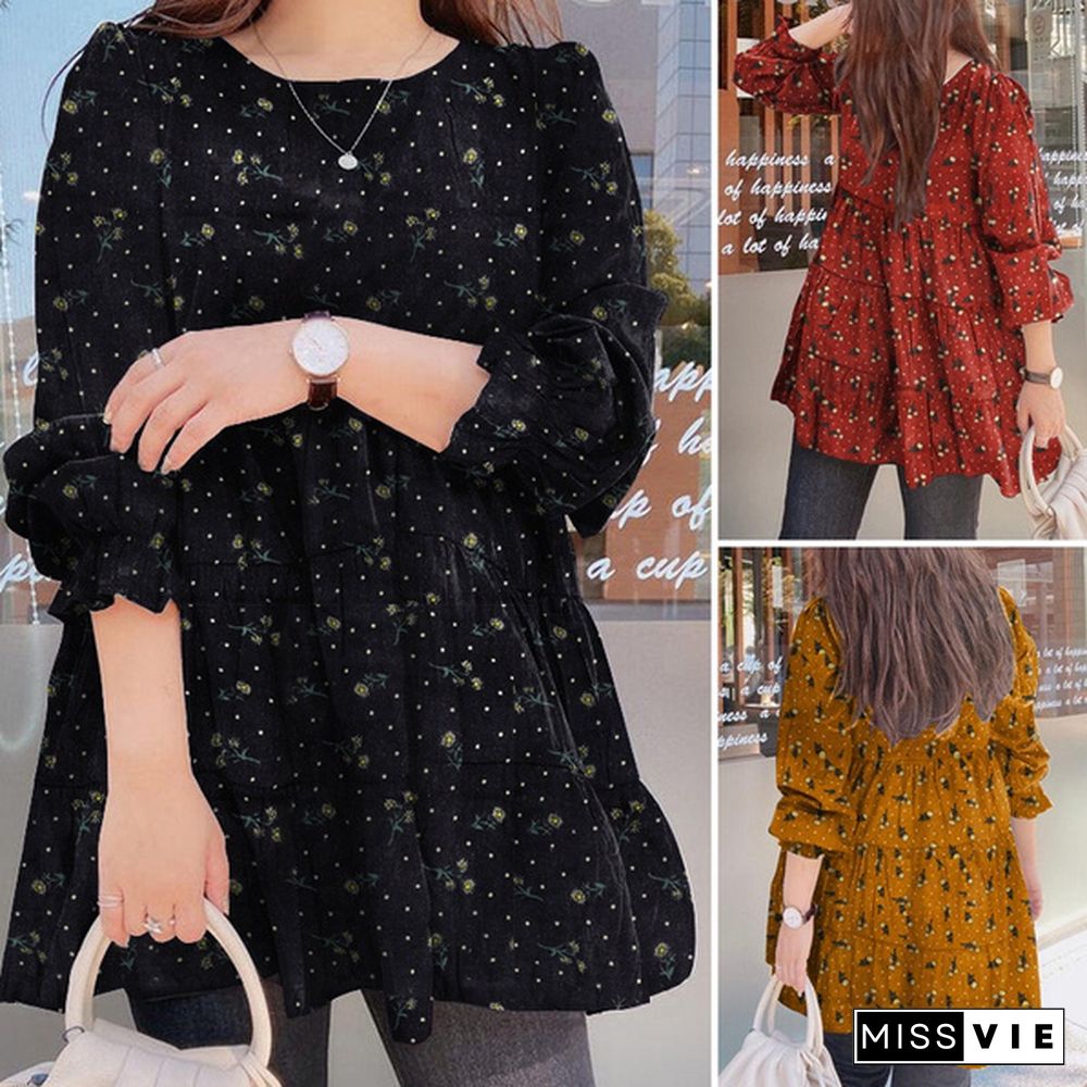 Plus Size Women Spring Casual Daily Long Puff Sleeve O-Neck Cotton Floral Printing Loose Shirt Blouse