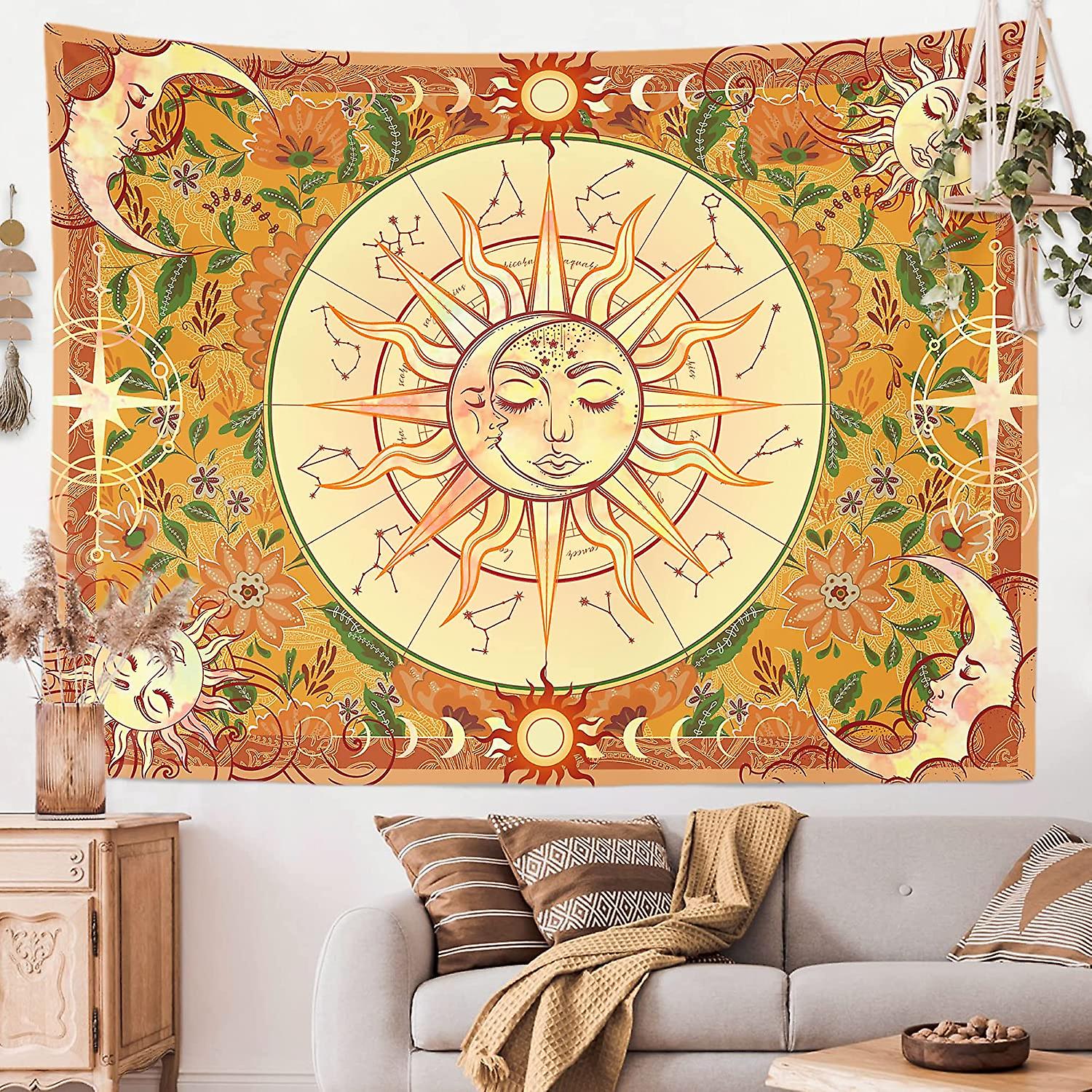 Vintage Tapestry Burning Sun Tapestries Pastel Mystic Tapestry Celestial Sun And Moon With Stars Tapestry Psychedelic Hippy Tie Dye Wall Hanging For P